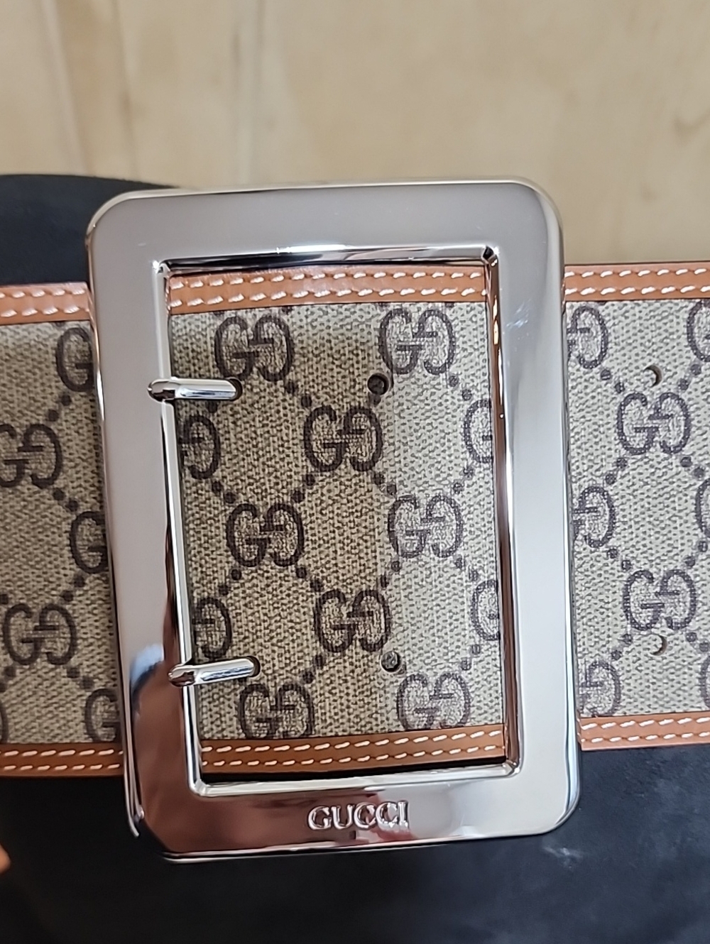 Beige GG Canvas Monogram Belt with Brown Trim and Silver Buckle - Picture 5 of 10
